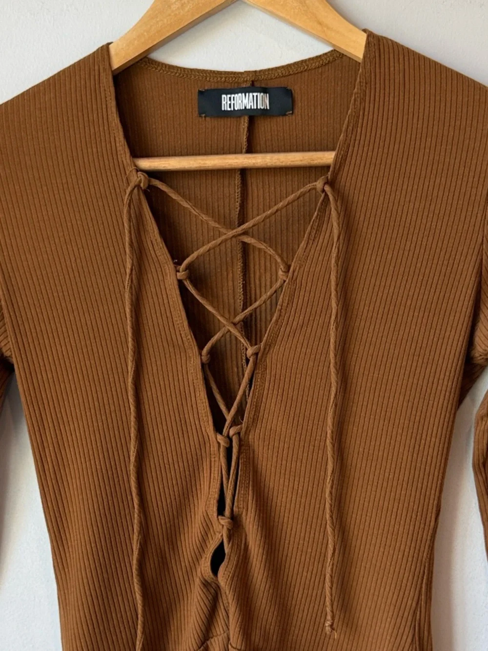 Reformation Avalon Lace Up Cocoa Bodysuit